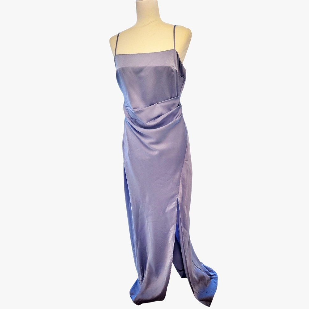 ASTR Dusty Blue Satin Dress With Rushing Side Detail Size Large - Picture 2 of 10